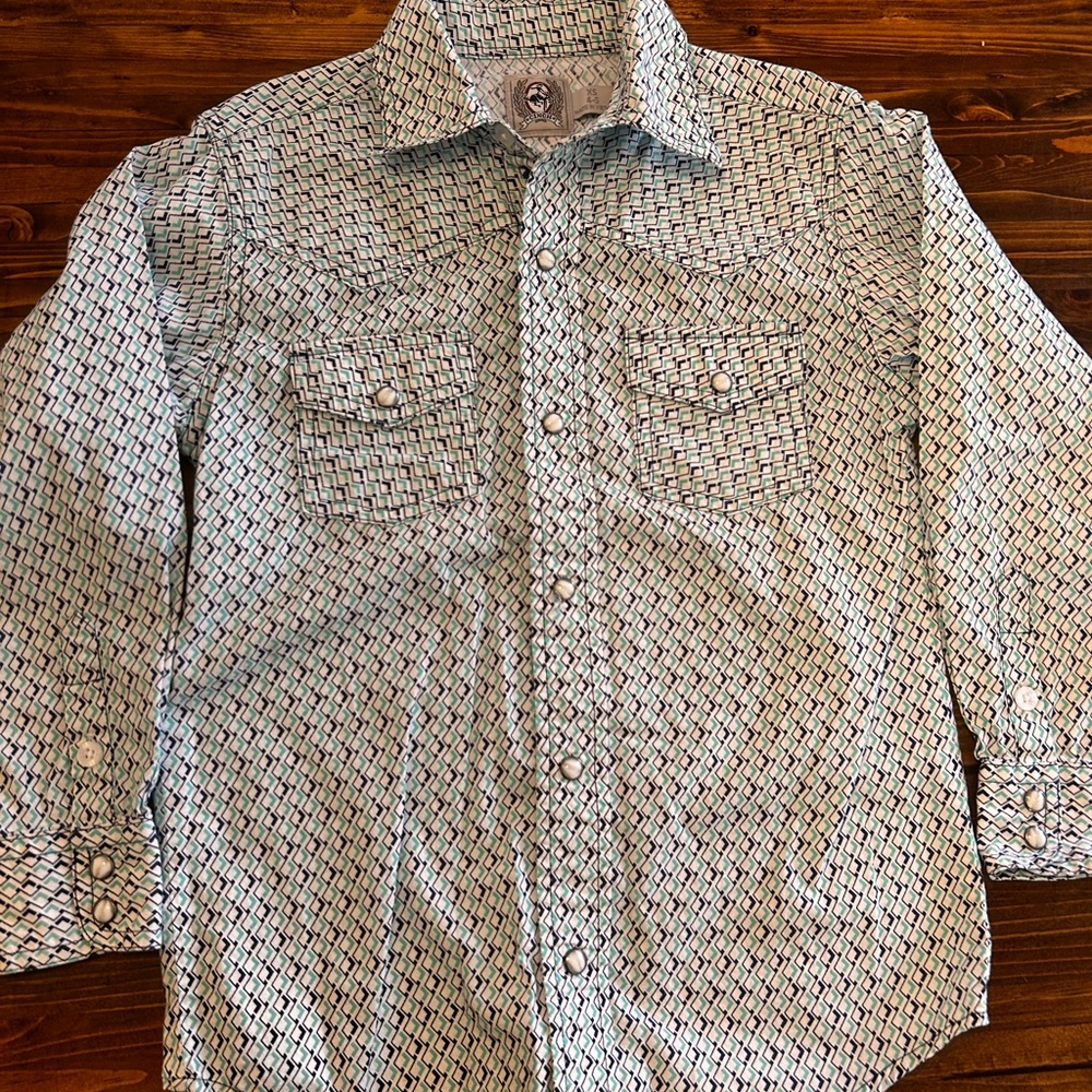 Cinch Kids Geometric Blue and White Pearl Snap Shirt
